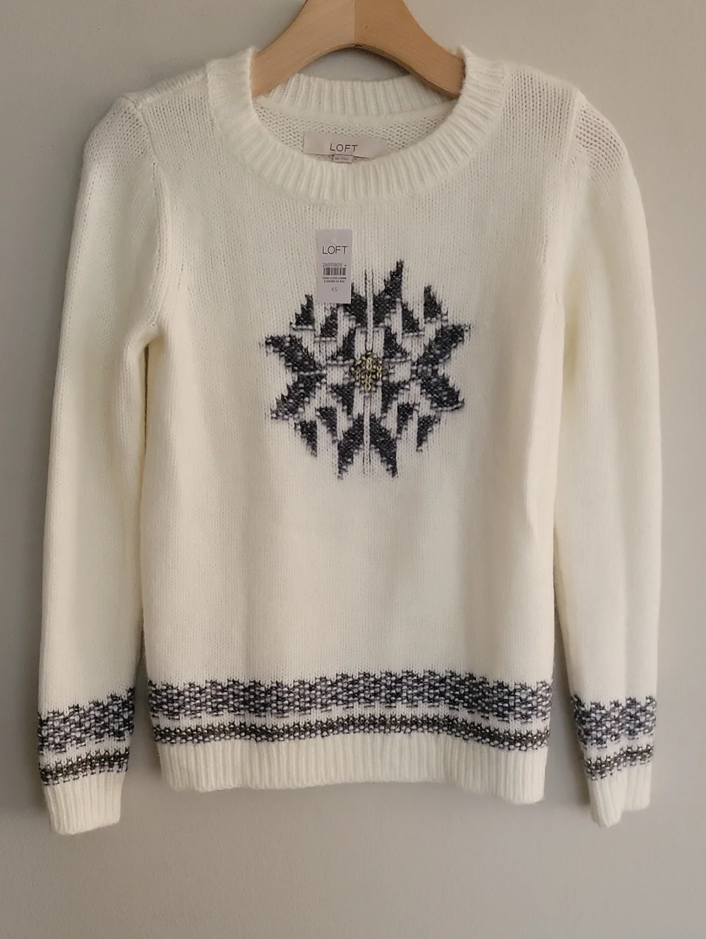 LOFT NWT Cream Crewneck Sweater with Gray Fair Isle Motif Wool Blend Size XS